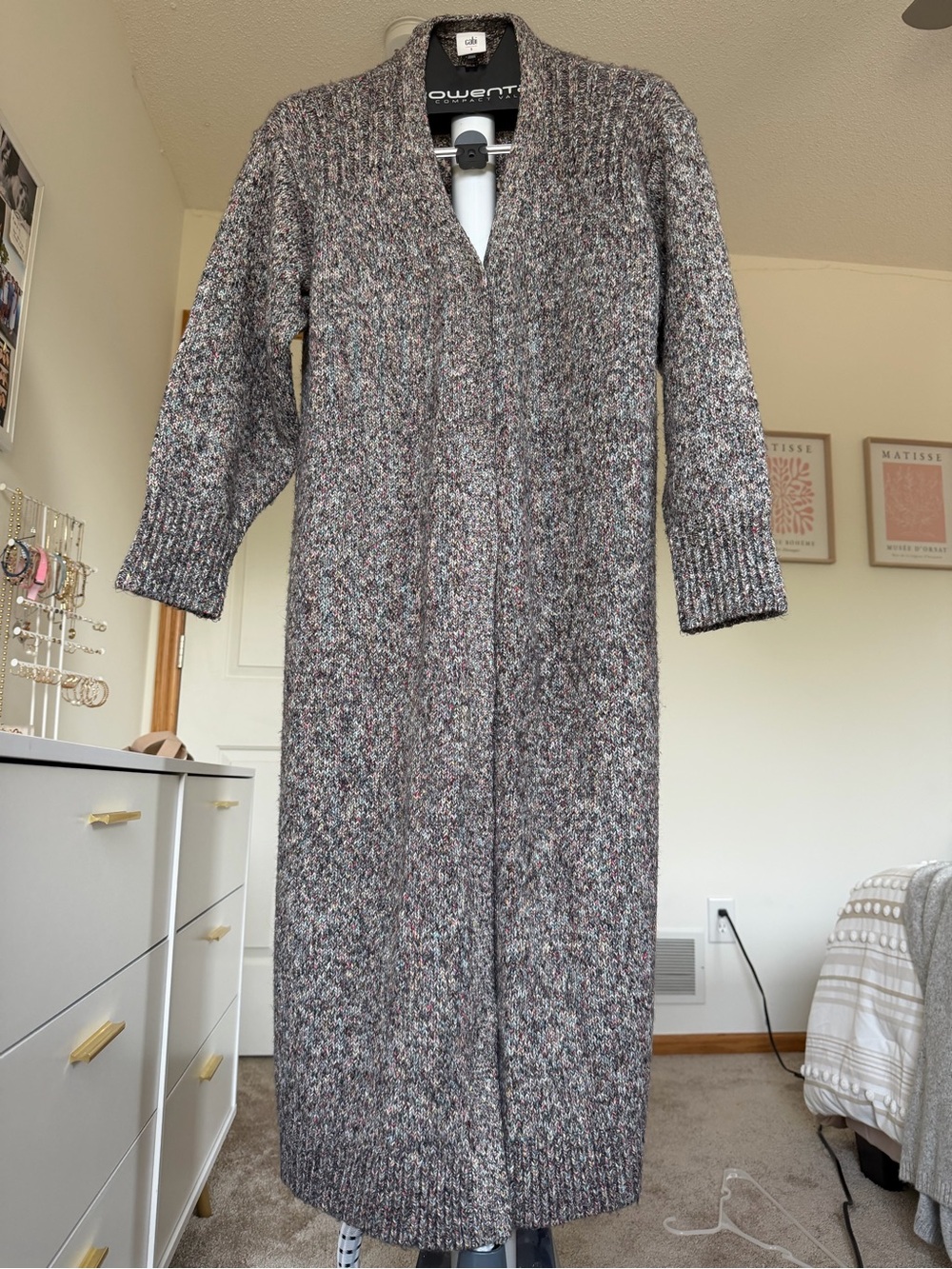 CAbi Long Marled Knit Duster Cardigan in Gray Multicolor
